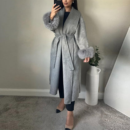 Lace-Up Short Overcoat Women's Coat Office Lady Elegant Woolen Furry Patchwork Long Sleeve Coats 2025 New Loose Cardigan Jackets