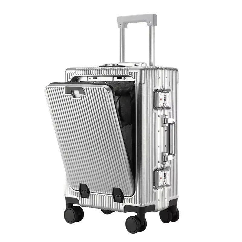 Suitcase Front Opening Pocket Aluminum Alloy Frame Rolling Luggage with USB Charging Plug Trolley Carry-on Case Bag with Wheel