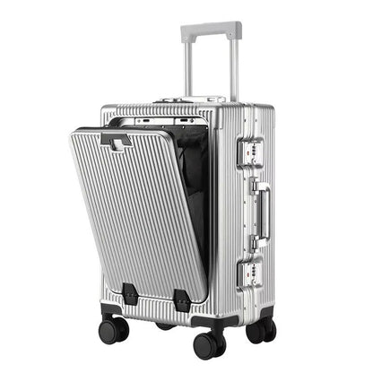 Suitcase Front Opening Pocket Aluminum Alloy Frame Rolling Luggage with USB Charging Plug Trolley Carry-on Case Bag with Wheel