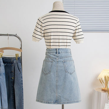 Plus Size Denim A Line Skirt With Lining 2024 Summer New Korean Fashion Pleated Midi Jean Skirt Woman Blue Color Jeans Skirts