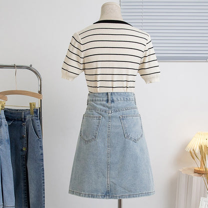 Plus Size Denim A Line Skirt With Lining 2024 Summer New Korean Fashion Pleated Midi Jean Skirt Woman Blue Color Jeans Skirts