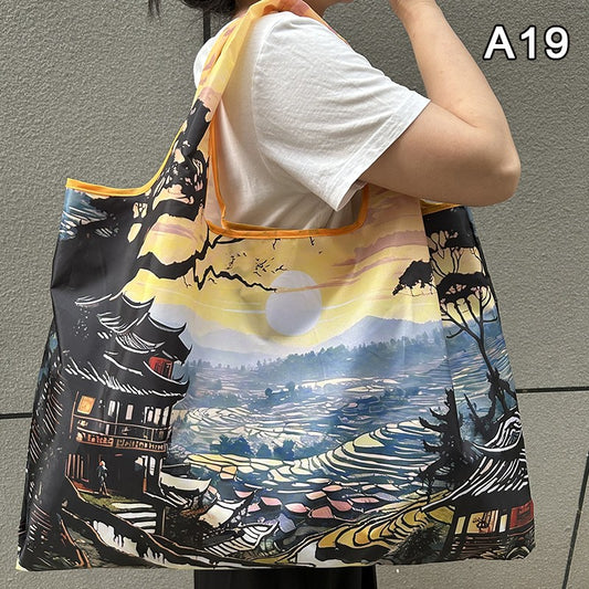 New Fashion Bag Foldable Shopping Bag Reusable Grocery Storage Bag Nylon Portable Shoulder Handbag Travel Tote Bag