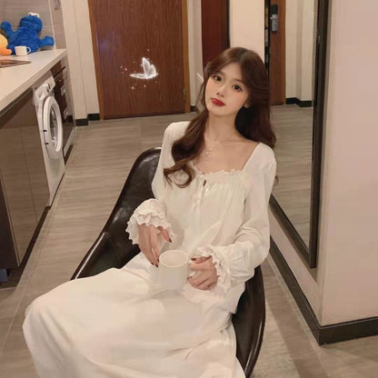 Sweet Princess Style Pajamas Solid Color Fashion Long-Sleeved Soft Home Wear Women's Retro Leisure Dress Lace Ruffled Nightgowns