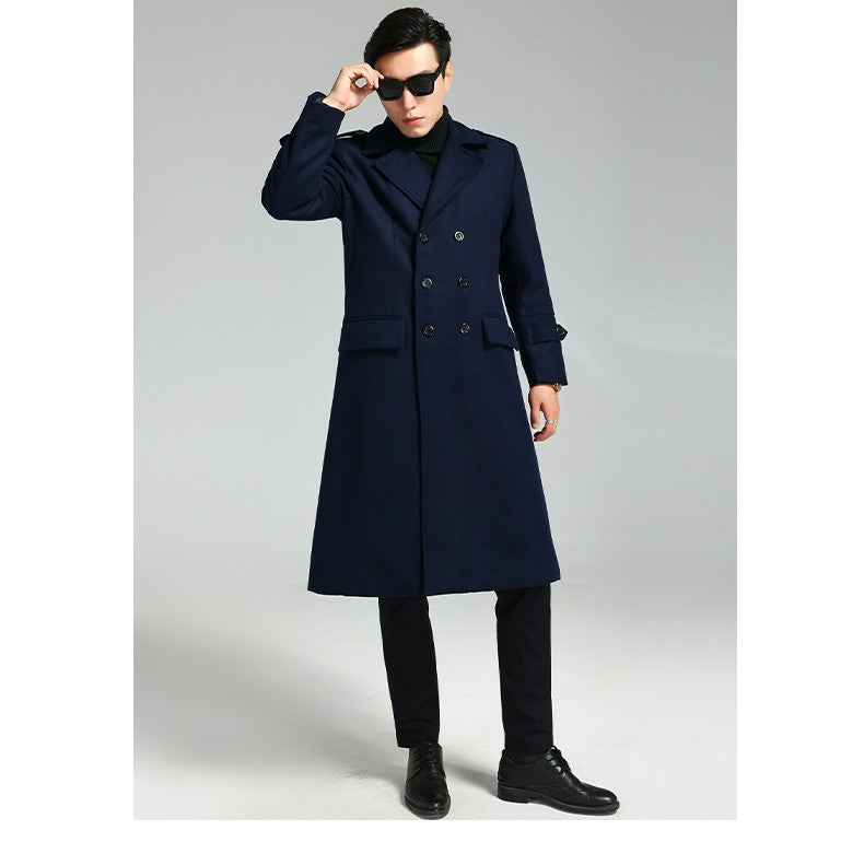 Nerazzurri Autumn Winter Long Elegant Luxury Chic Navy Blue Warm Woolen Coat for Men Double Breasted Wool & blends Overcoat 2023