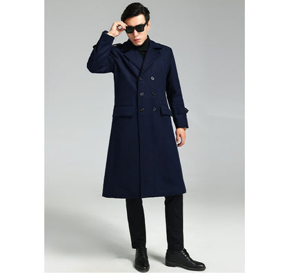 Nerazzurri Autumn Winter Long Elegant Luxury Chic Navy Blue Warm Woolen Coat for Men Double Breasted Wool & blends Overcoat 2023