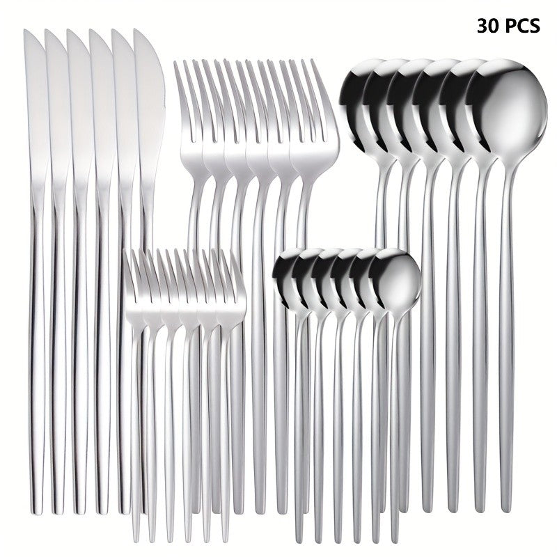 30 Talheres Dourados Prateados Conjunto de Talheres Aço Inoxidável Faca Garfo Colher Jogo de Mesa Conjunto de Talheres de Luxo para Cozinha de Festival