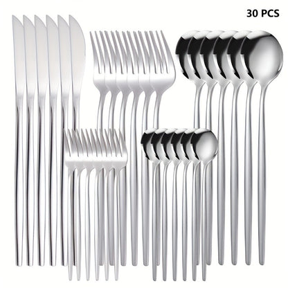 30 Talheres Dourados Prateados Conjunto de Talheres Aço Inoxidável Faca Garfo Colher Jogo de Mesa Conjunto de Talheres de Luxo para Cozinha de Festival