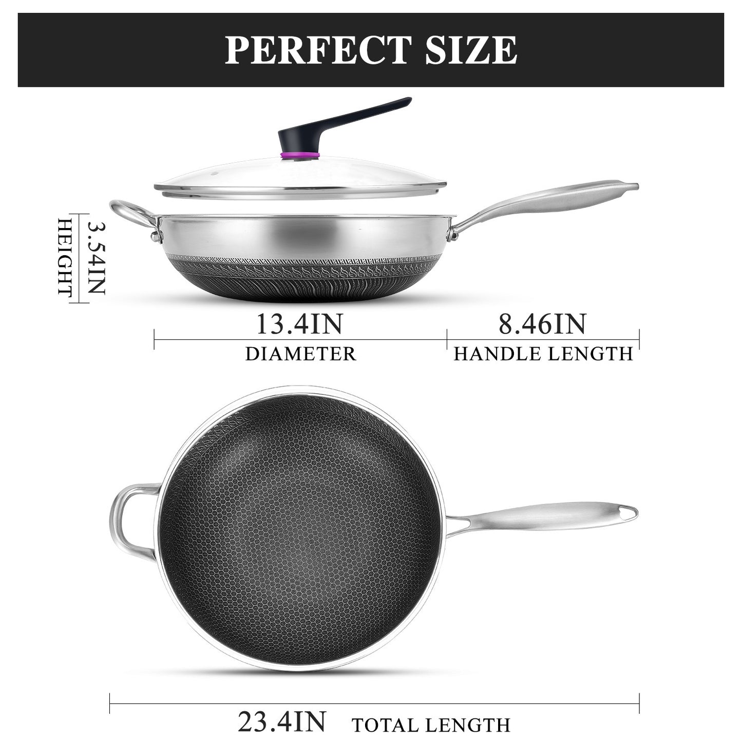 Wok pan,Hybrid 13 inch Wok with Lid, PFOA Free Cookware,non stick Stainless Steel Woks & Stir-fry pans Nonstick