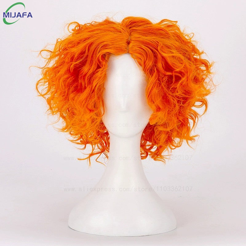 Peruca de Cabelo Curto Cacheado de Alta Qualidade do Chapeleiro Maluco Alice no País das Maravilhas, Laranja, Resistente ao Calor, Sintética, para Anime + Touca de Peruca