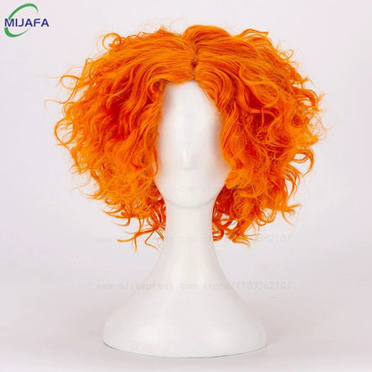 Peruca de Cabelo Curto Cacheado de Alta Qualidade do Chapeleiro Maluco Alice no País das Maravilhas, Laranja, Resistente ao Calor, Sintética, para Anime + Touca de Peruca
