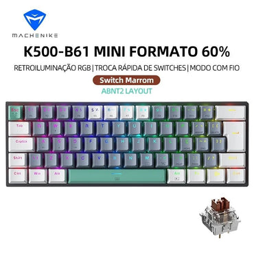 Teclado Mecânico Mini Machenike K500-B61 60% Layout ABNT2 Retroiluminação RGB Hot-swappable NKRO Com Fio Para Jogos Gamer PC
