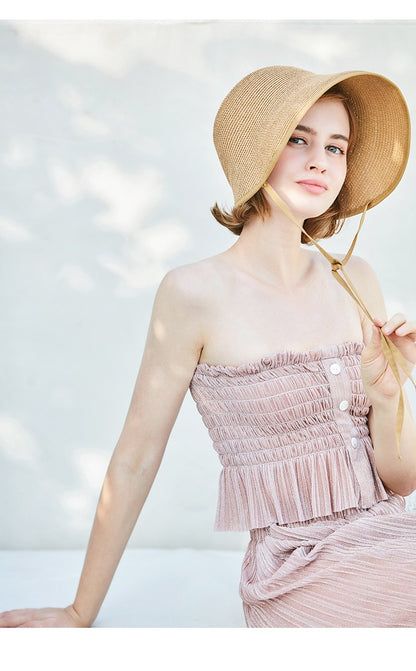 Chapéus de Sol de Festa Femininos FS Fashion Straw Regency Bonnets Hats para Mulheres Chapéu de Praia com Laço e Aba Grande Chapéu Cloche Fedora Chapeau Femme