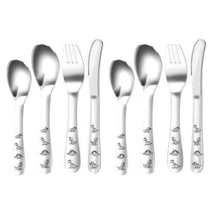 Conjunto de talheres de dinossauro 8 peças de aço inoxidável para crianças, garfo, colher e faca, talheres infantis, utensílios para bebês e crianças