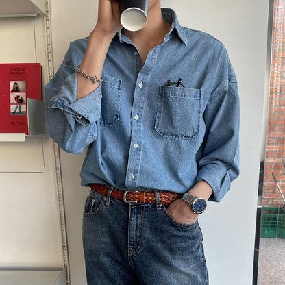 Spring Clothing Men's Denim Long-sleeved Pocket Shirt Casual Korean Turn down Button Streetwear Light Luxury Stylish 2025 New