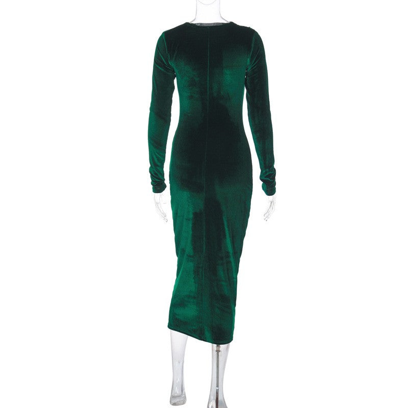 Dulzura 2024 Spring Summer Velvet Long Sleeve Midi Dress For Women Ruched Long D