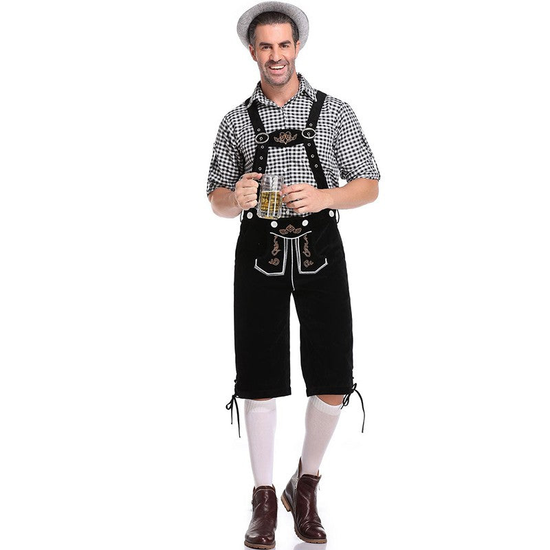 Germany Oktoberfest Costumes Adult Men Traditional Bavarian Beer Shorts Outfit Overalls Shirt Hat Suspenders Set Halloween Cloth