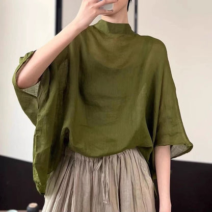 ZANZEA Women Bat Half Sleeve Blouse Summer Asymmetrical Tops 2024 Thin Stand Collar Tunic Casual Loose Transparent Tops Oversize