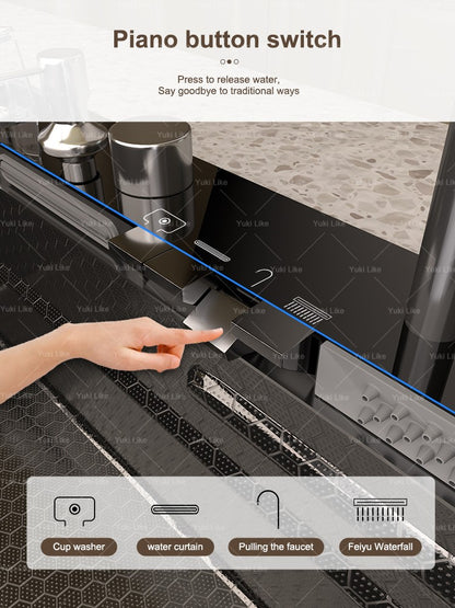 Stainless Steel Golden Kitchen Sink Multifunctional Waterfall Outlet Single Slot Piano Button Digital Display