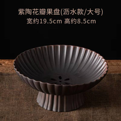 Qingxi Purple Pottery Tea Pastry Plate Handmade High Foot Dried Fruit Snack Large Integrated Drain Dessert Candy Dish Gift