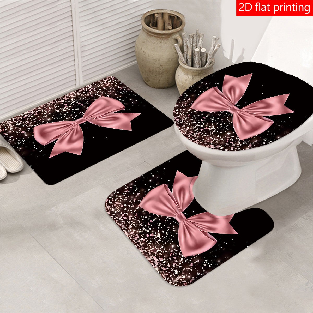 4pcs Black and Pink Large Bow Pattern Printed Shower Curtain Set, Wet & Dry Bathroom 4-Piece Set, Home Decor Shower Curtain with