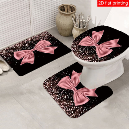 4pcs Black and Pink Large Bow Pattern Printed Shower Curtain Set, Wet & Dry Bathroom 4-Piece Set, Home Decor Shower Curtain with