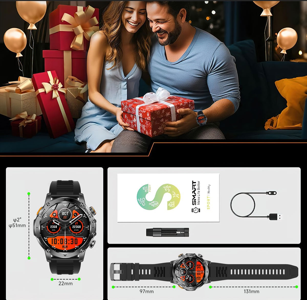 New Outdoor Sports Smart Watch 1.7" HD AMOLDE Screen 1000mAh Battery LED Flashlight IP68 Waterproof BT Call Military Smartwatch