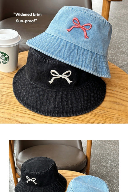 A Fisherman's Hat Three-Dimensional Embroidery Bow Travel Shopping Washed Denim Basin Hat