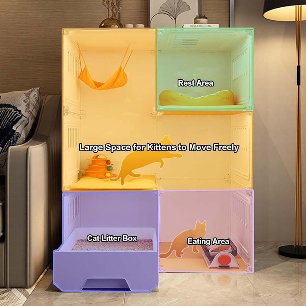 Gaiola Interna para Gatos: Villa Transparente de 2/3 Níveis, Plástico e Resina Espessos, Amarela, 71x46x71cm