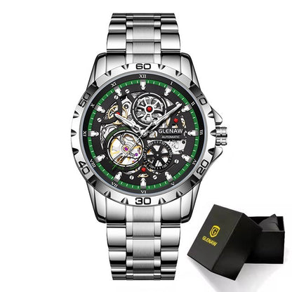 GLENAW Steampunk Skeleton Men's Watch Ring Luxury Automatic Mechanical Watches Luminous waterproof Stainless Steel Strap Watch