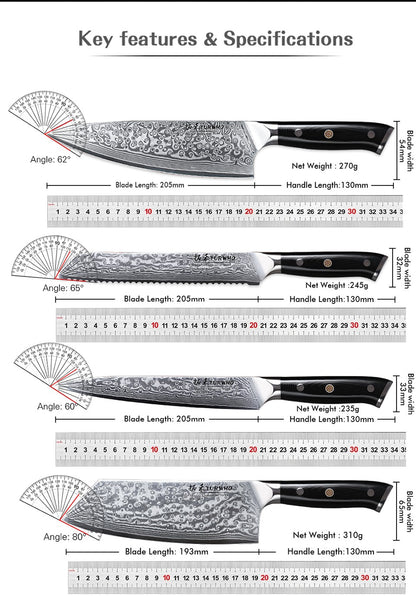 TURWHO Chef Knife 1-5 PCS Kitchen Knives Set 67 Layer Damascus Steel Japanese Nakiri Santoku Cleaver Slicing Bread Utility Knife