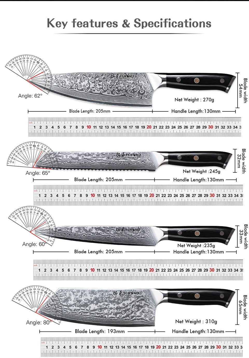 TURWHO Chef Knife 1-5 PCS Kitchen Knives Set 67 Layer Damascus Steel Japanese Nakiri Santoku Cleaver Slicing Bread Utility Knife