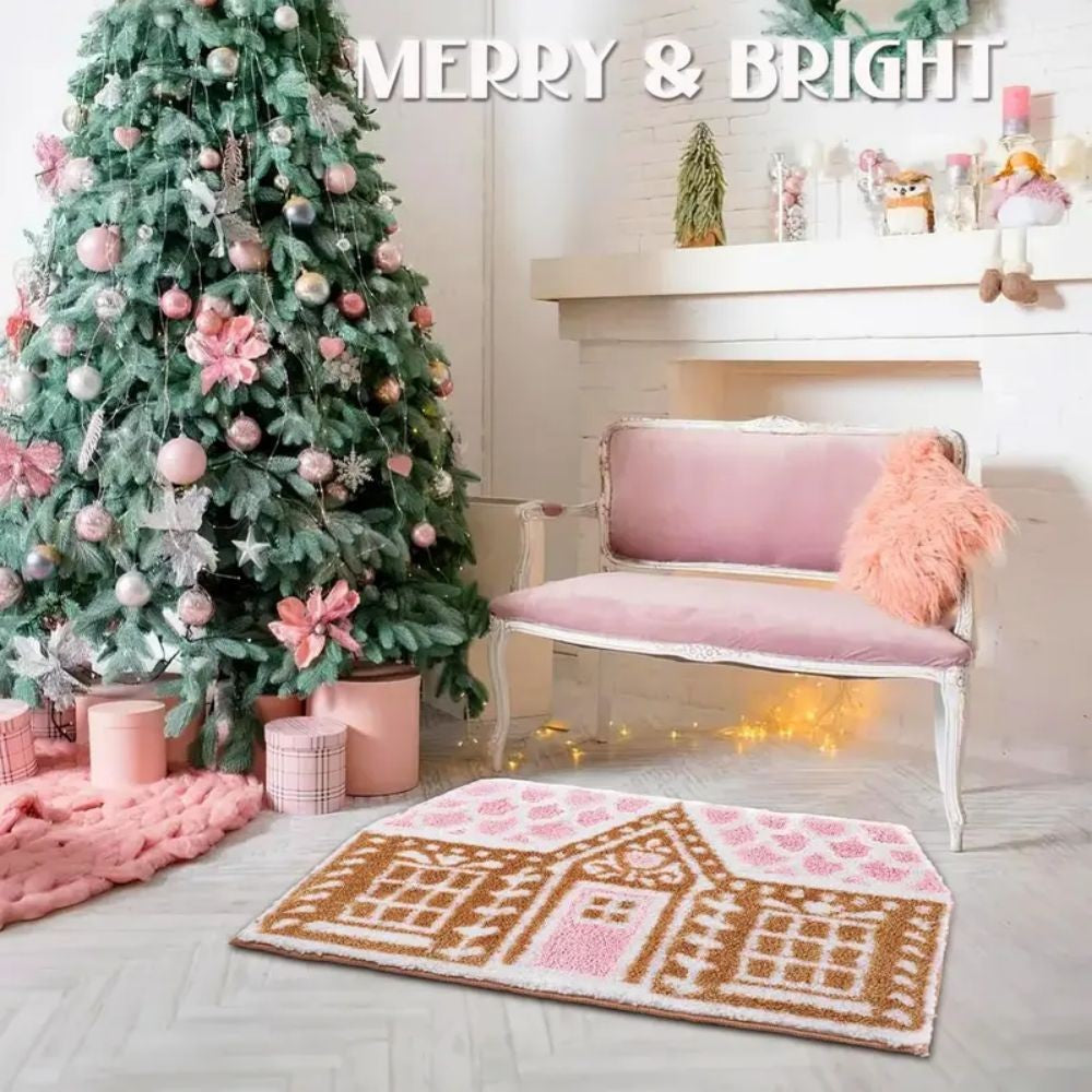 VIKAMA Christmas Gingerbread House Wool-like Carpet Water-Resistant Soft Bath Mat Bedside Rug for Bedroom Winter Home Decoration