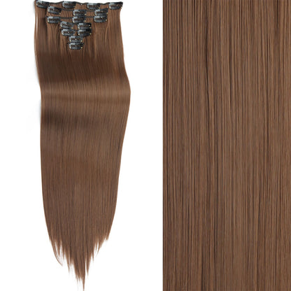 7 peças/conjunto de aplique de cabelo com 16 grampos, preto, longo e liso, cabelo natural, aplique de cabelo ombre, fibra resistente ao calor para penteado feminino