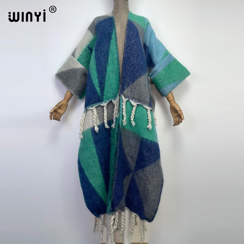 2022 WINYI Winter Women tassel Cardigan coat Loose Christmas dress robe longue Thick Warm free size Middle East Female Kaftan