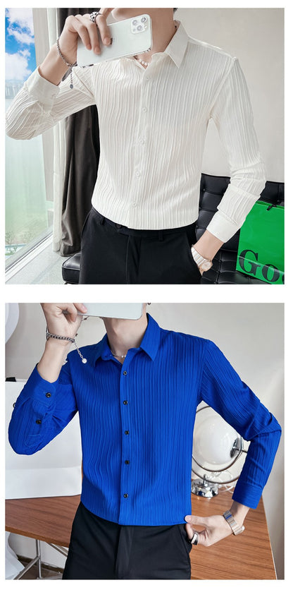 Streetwear Fashion Korean Clothing Solid Shirts Spring Autumn Men Long Sleeve Striped Lapel Single Sockets Business Casual Tops