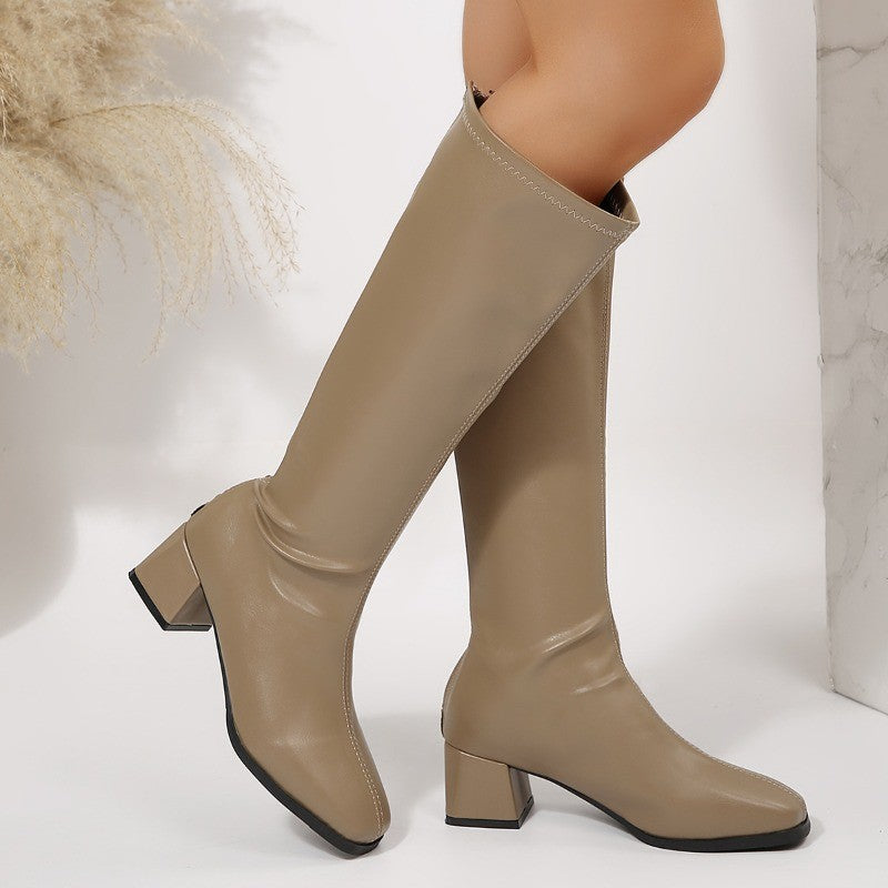 Winter Women Knee High Boots Cosy Soft Leather Thick Heel Shoes Female Vintage Slim Long Booties Zapatos De Muje