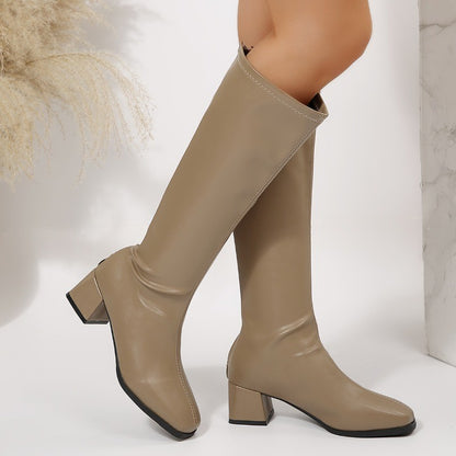 Winter Women Knee High Boots Cosy Soft Leather Thick Heel Shoes Female Vintage Slim Long Booties Zapatos De Muje