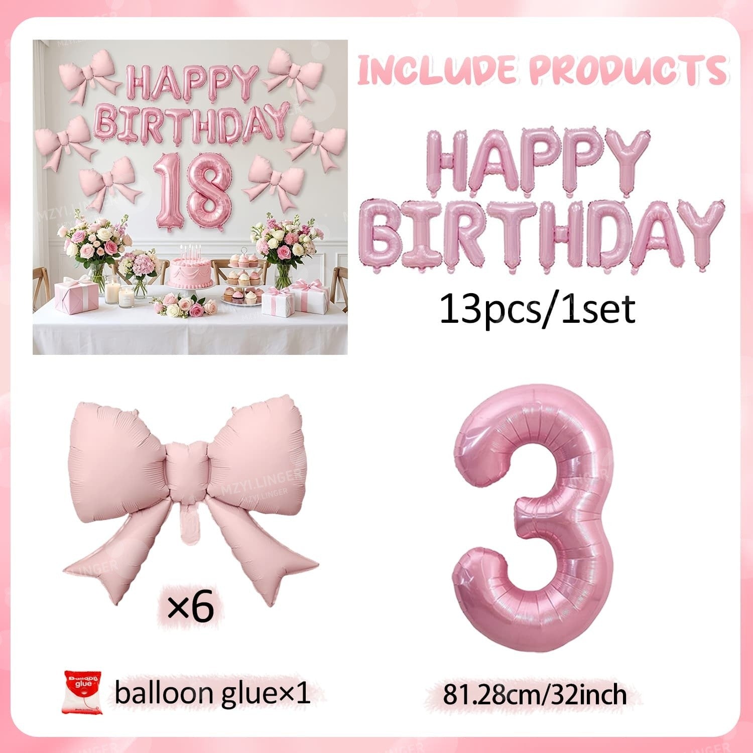 Pink Bow Birthday Balloon Happy Birthday Letter Balloon Used for Wedding, Valentine's Day, Birthday, Proposal Decoration Decor