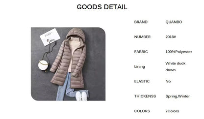 Women's X-long Office Lady Hat Detachable Puffer Jackets 2025 New Arrival Autumn Winter White Duck Down Warm Coat