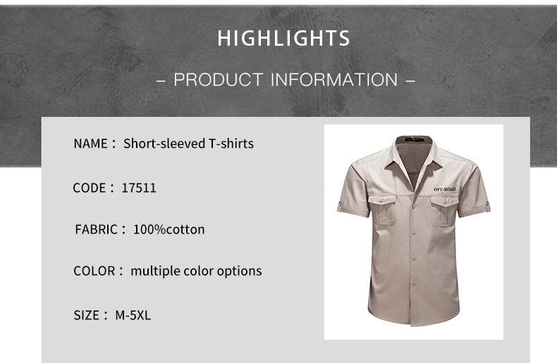 2025 New Summer Army Green Fashion Versatile Men's Casual Shirt, Khaki Slim Short-sleeved Breathable Cotton Cargo Shirts for Men