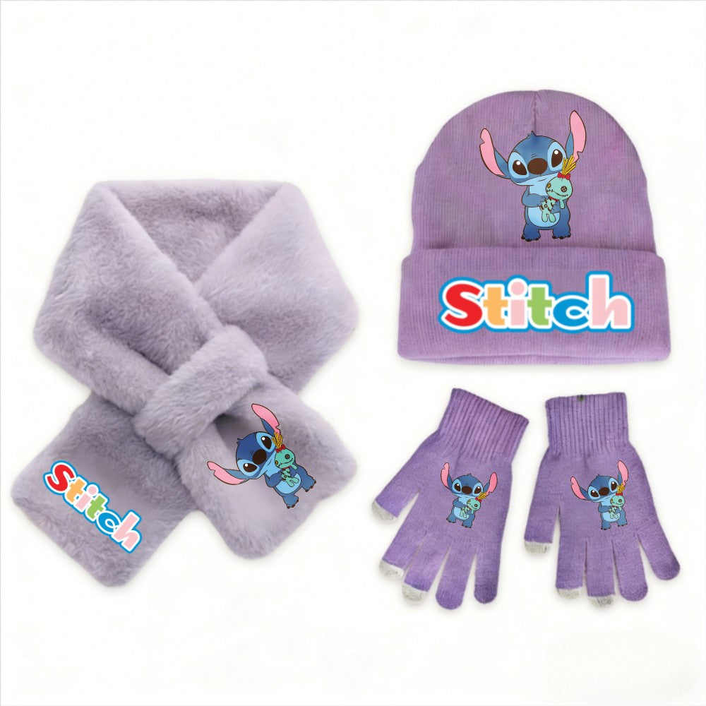 Conjunto de 3 peças de chapéu, cachecol e luvas de malha de inverno Stitch Disney Kawaii quente para meninas Acessórios casuais de moda infantil presente de Natal perfeito
