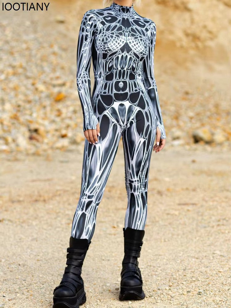 Unisex Sexy Black White Graphic Print Jumpsuit Halloween Line Art Muscle Cosplay Bodysuit Holiday Party Zentai Suit Rave Catsuit