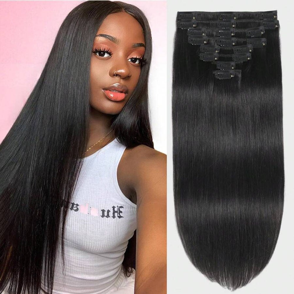 Extensões de Cabelo Clip-in de 24 Polegadas 250% Densidade Cabelo Humano Remy Preto Para Mulheres Invisível Liso Natural Sem Costura 8 Peças 100g