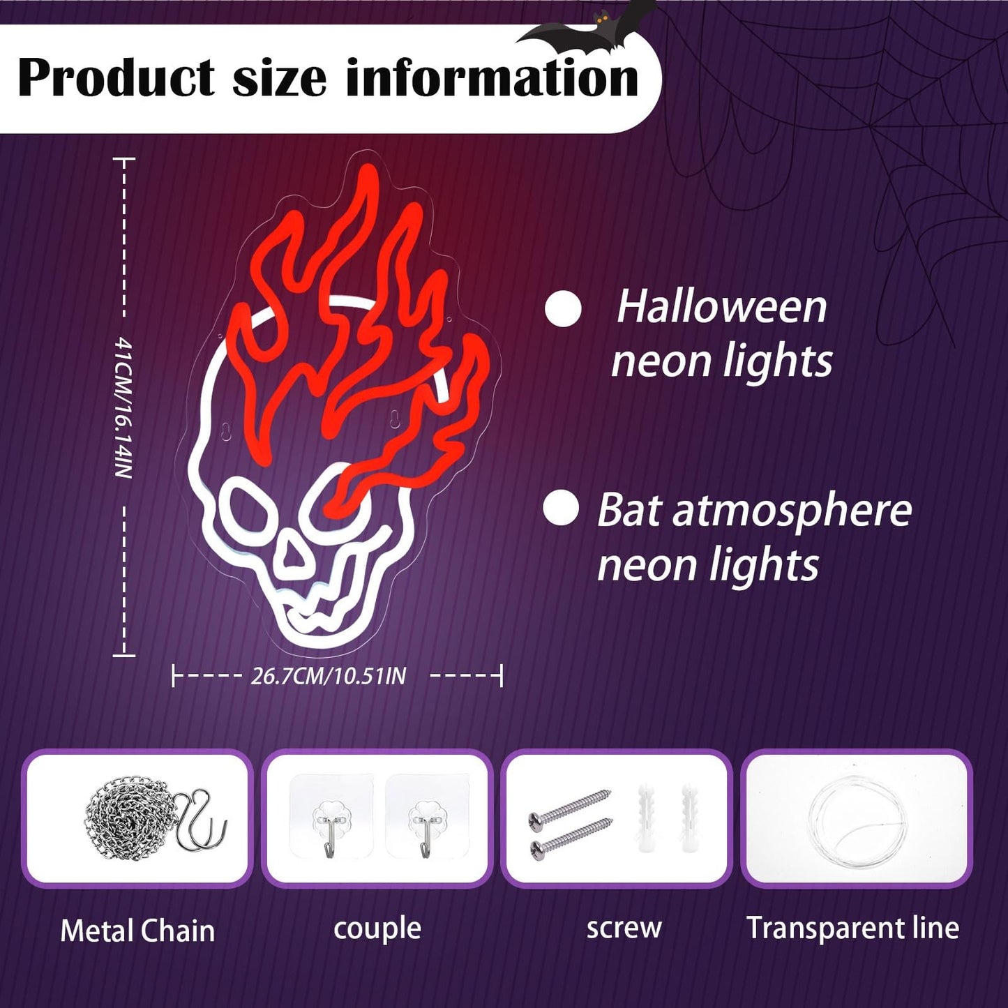 Paredes de Neon Chama de Crânio Decoradas com LEDs de Halloween Reguláveis, Alimentadas por USB, Decorações de Festa de Halloween para Caverna Masculina, Bar, Clube, Sala de Jogos