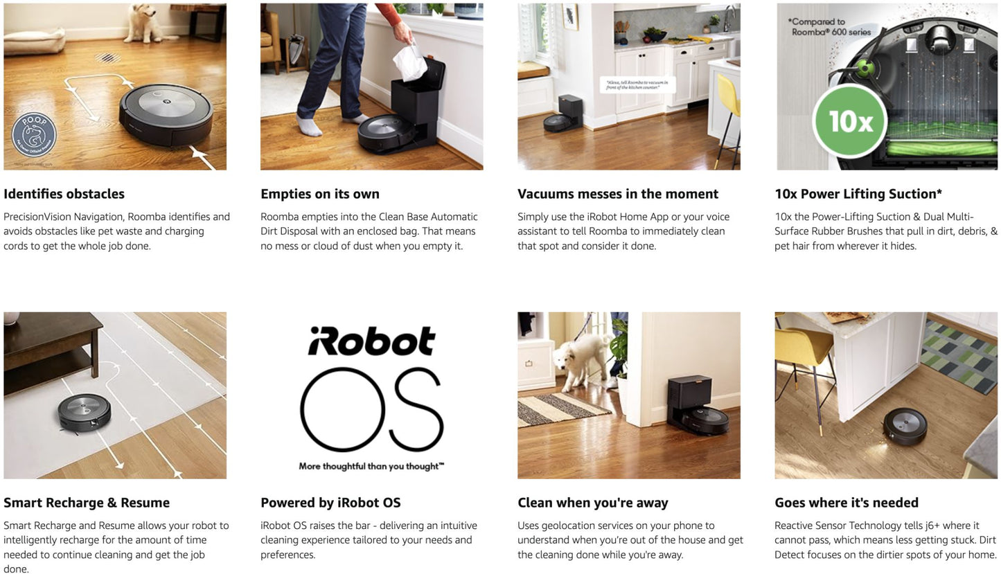 iRobot Roomba j6+ Robô Aspirador de Pó com Esvaziamento Automático – Identifica e Evita Resíduos de Animais de Estimação e Fios, Esvazia-se por Até 60 Dias, Inteligente