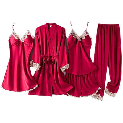 Women's Ice Silk Nightgown Set - Spring/Fall Long-Sleeve Robe Sexy Pure Desire Style with Padded Strapless Nightdress and Pants