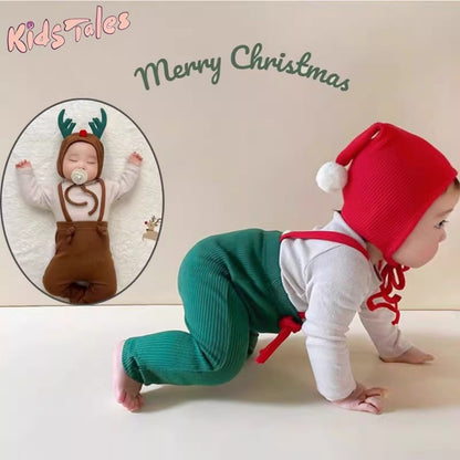 2025 Christmas Baby Suspender Pants with Hat Infant Knit Trousers Outfits Cute Toddler Newborn Casual Leggings Costumes