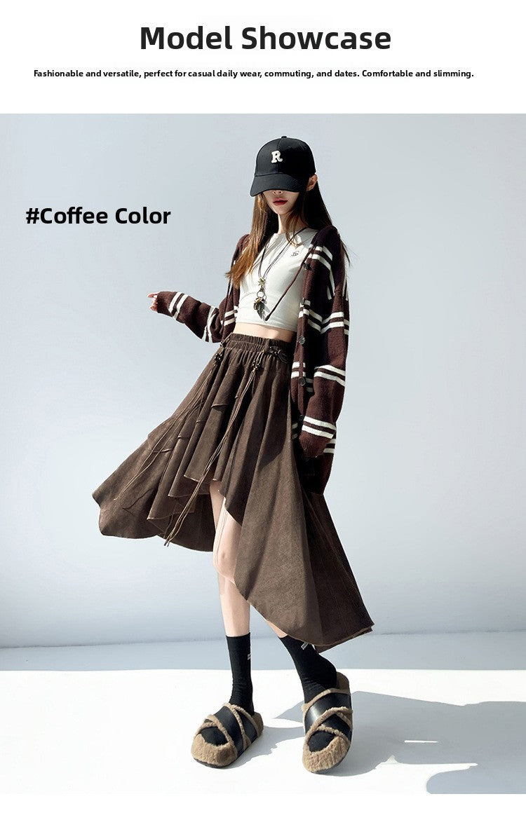 Caramel Suede Half-length Skirt Women's Autumn Winter New Irregular Belt Slim A- Line Midi Umbrella Skirt Comfortable Casual S .