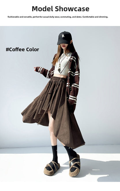 Caramel Suede Half-length Skirt Women's Autumn Winter New Irregular Belt Slim A- Line Midi Umbrella Skirt Comfortable Casual S .