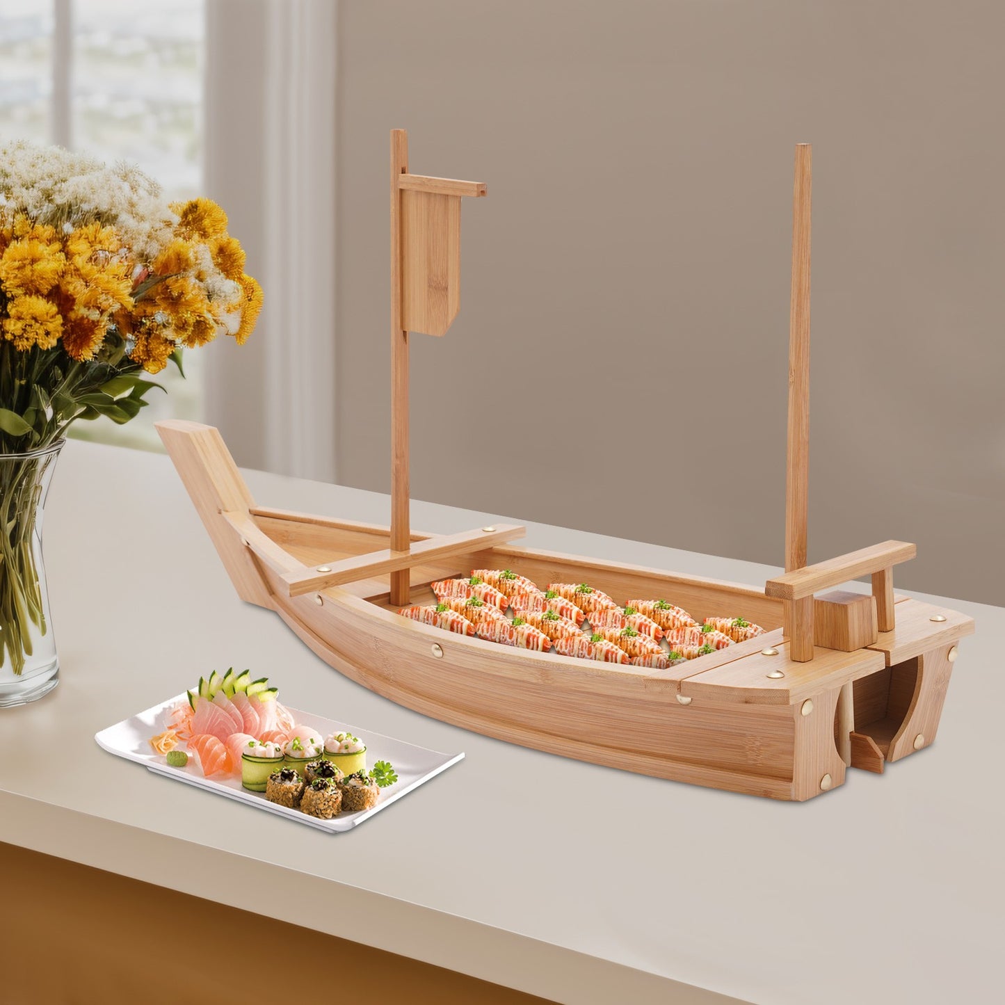 28in Bamboo Sushi Boat Serving Tray, 70cm Log Color Assembly Required Sushi Boat Serving Tray for Business or Personal Parties